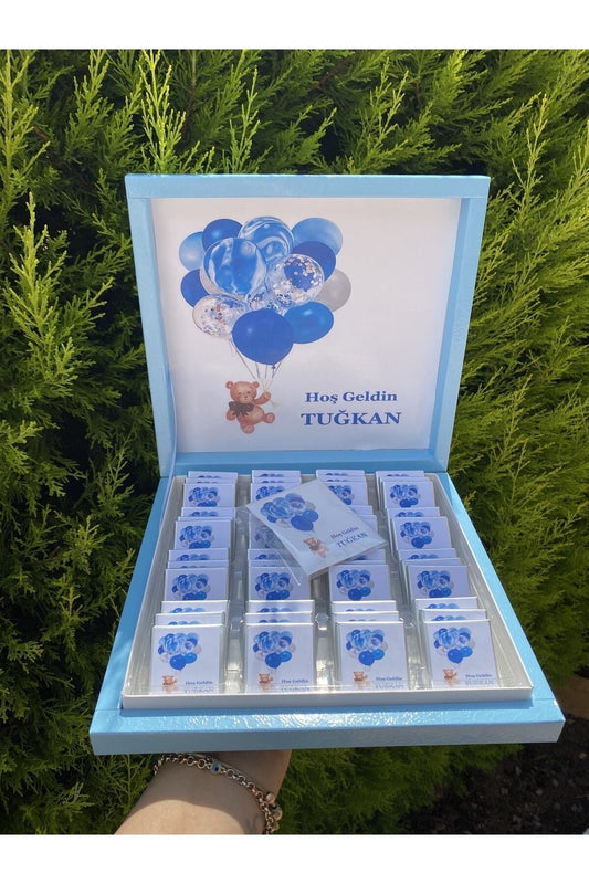 İsme Özel Mavi Balonlu Erkek Bebek Çikolatası 48 Adet (Doğum, Doğum Günü, Mevlit Hediyelik)