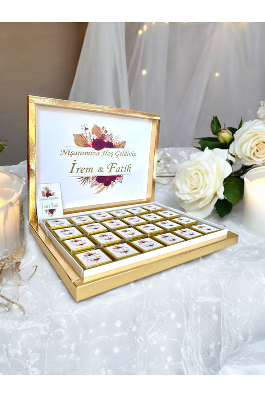 Kırmızı Çiçekli Gold Kutulu Nikah- Söz - Kız İsteme Çikolatası 72 Adet