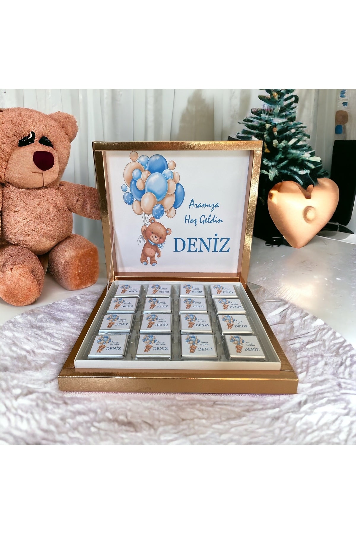 İsme Özel Krem-Mavi Balonlu Erkek Bebek Çikolatası 48 Adet (Doğum, Doğum Günü, Mevlit Hediyelik)