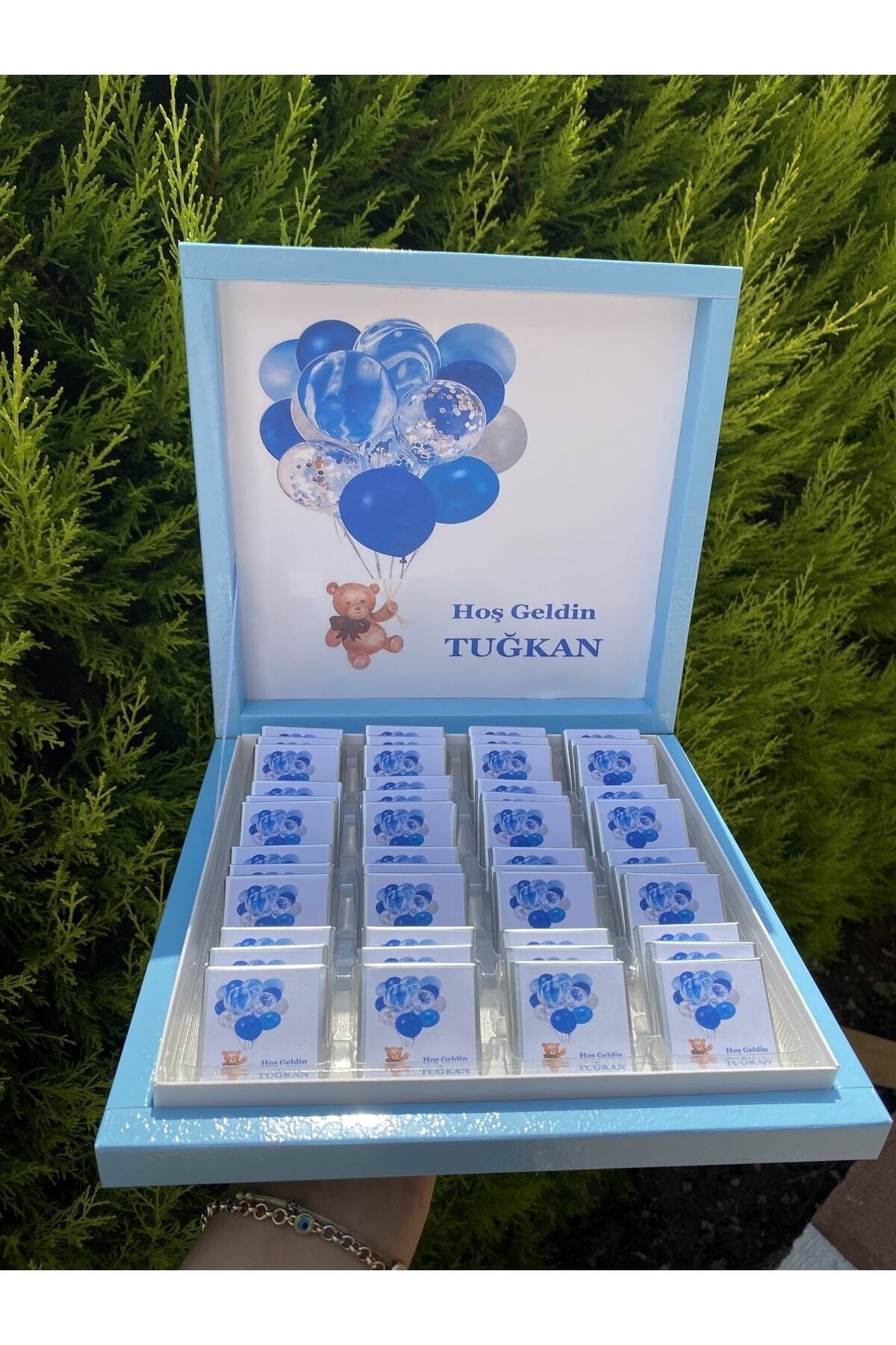 İsme Özel Mavi Balonlu Erkek Bebek Çikolatası 48 Adet (Doğum, Doğum Günü, Mevlit Hediyelik)