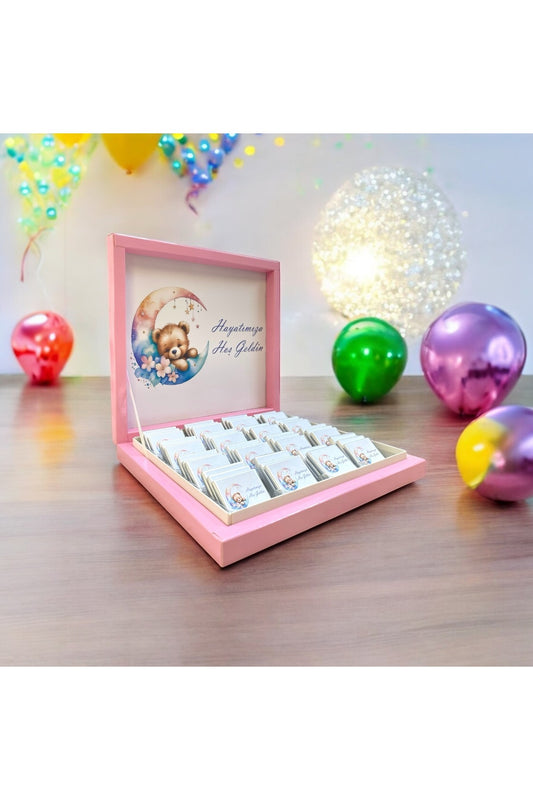 İsme Özel Ay (Ayı-Bebek) Modelli Kız-Erkek Bebek Çikolatası 48 Adet (Doğum, Doğum Günü, Mevlit Hediyelik)