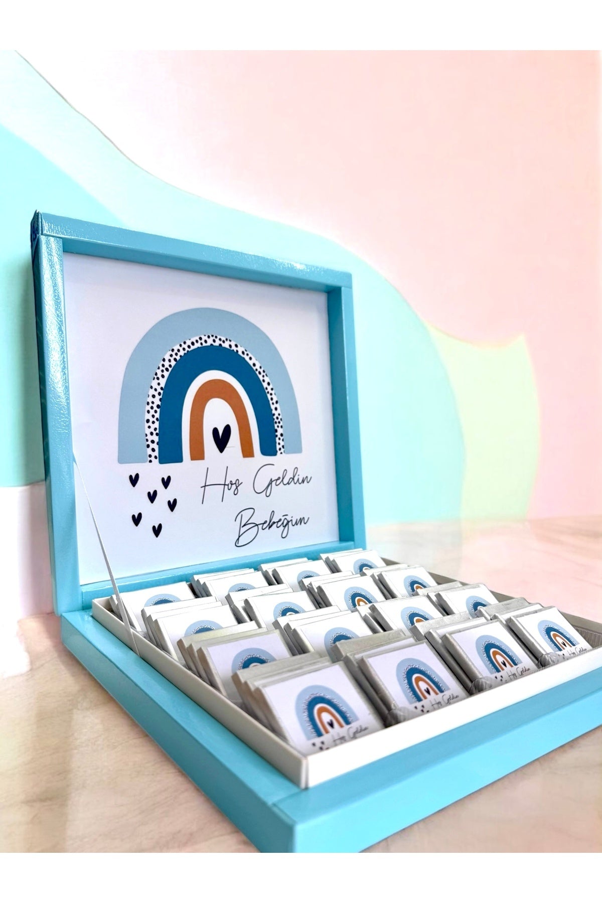 İsme Özel Gökkuşağı Modelli Bebek Çikolatası 48 Adet (Doğum, Doğum Günü, Mevlit Hediyelik)