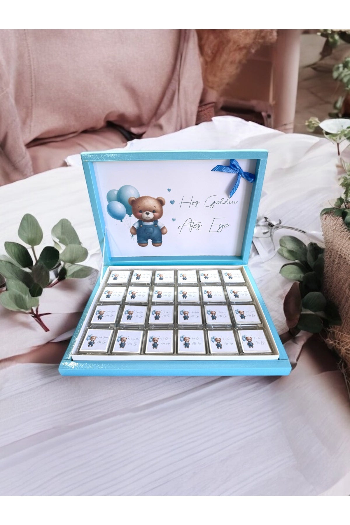 İsme Özel Balon Modelli Erkek Bebek Çikolatası 72 Adet (Doğum, Doğum Günü ,Mevlit Hediyelik)