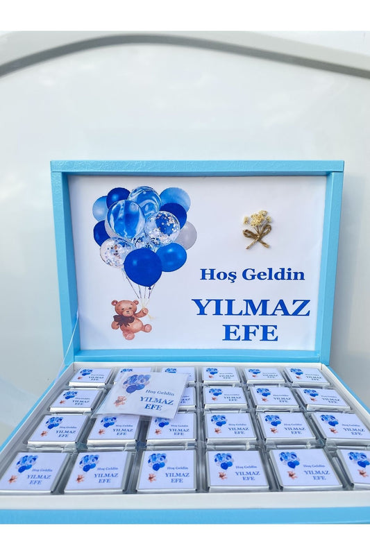 İsme Özel Mavi Balonlu Ayı Erkek Bebek Çikolatası 72 Adet (Doğum, Doğum Günü, Mevlit Hediyelik)