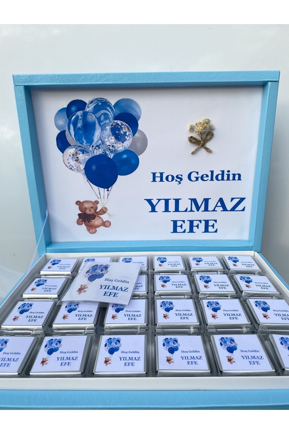 İsme Özel Mavi Balonlu Ayı Erkek Bebek Çikolatası 72 Adet (Doğum, Doğum Günü, Mevlit Hediyelik)