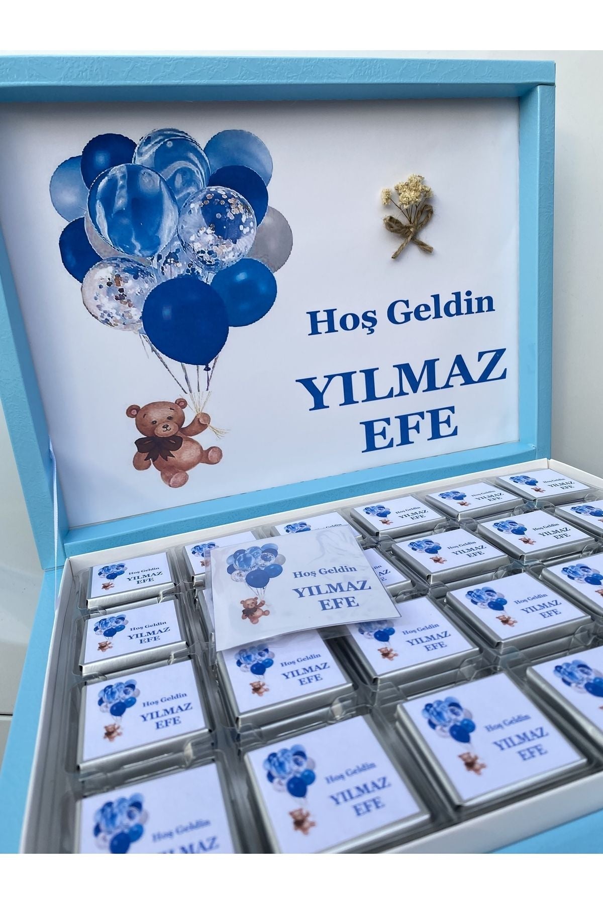 İsme Özel Mavi Balonlu Ayı Erkek Bebek Çikolatası 72 Adet (Doğum, Doğum Günü, Mevlit Hediyelik)