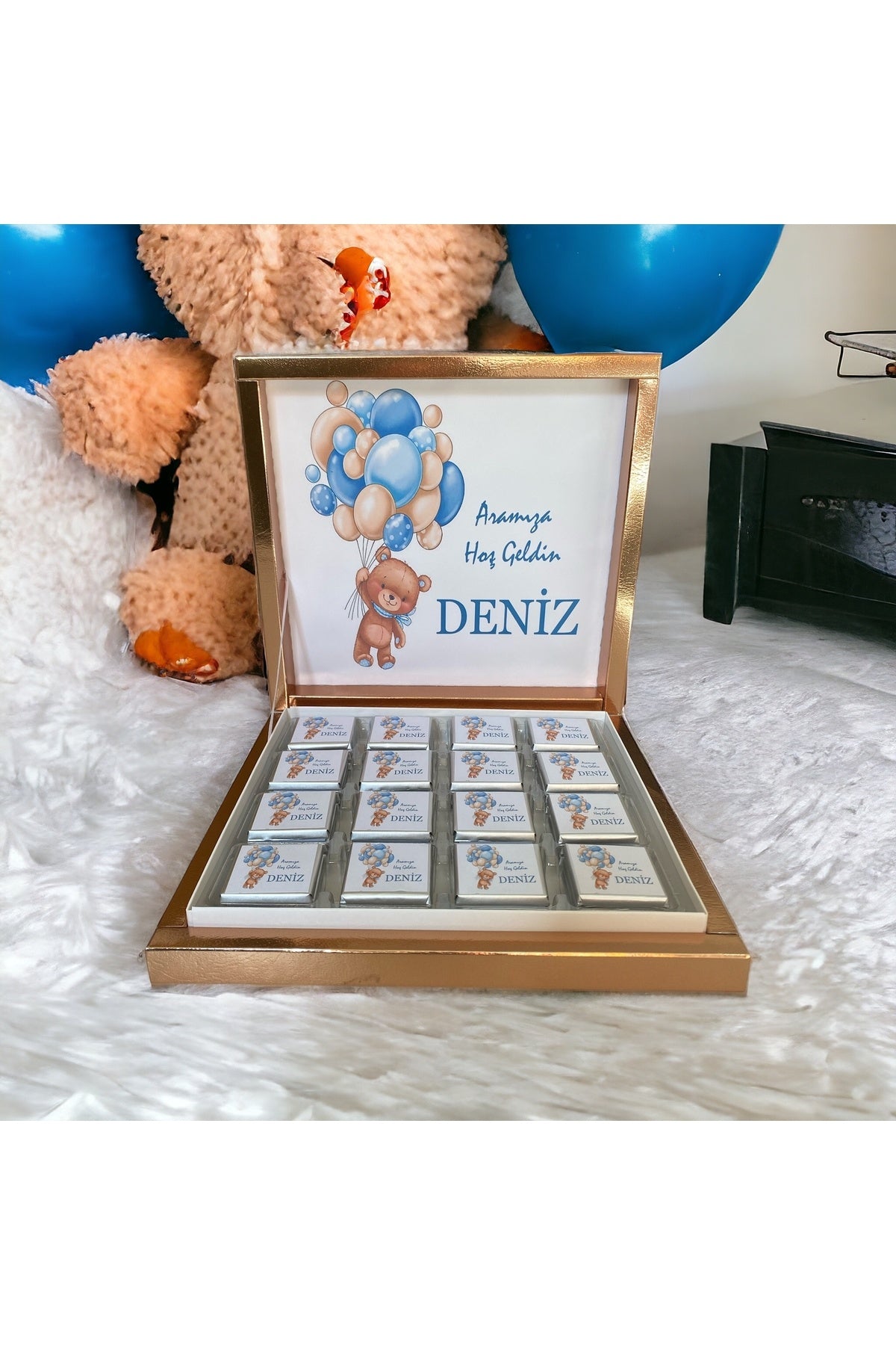 İsme Özel Krem-Mavi Balonlu Erkek Bebek Çikolatası 48 Adet (Doğum, Doğum Günü, Mevlit Hediyelik)