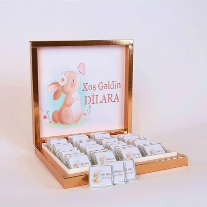 İsme Özel Tavşanlı Kız Bebek Çikolatası 48 Adet (Doğum, Doğum Günü, Mevlit Hediyelik)