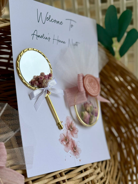 Set of 10 Personalized Mirror with Flower Wreath – Wedding, Engagement, Henna Night & Nikah Favors