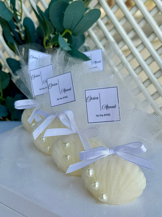 Set of 10 White Ribbon Oyster Pearl Candles – Wedding, Engagement, Henna, Birth & Circumcision Favors